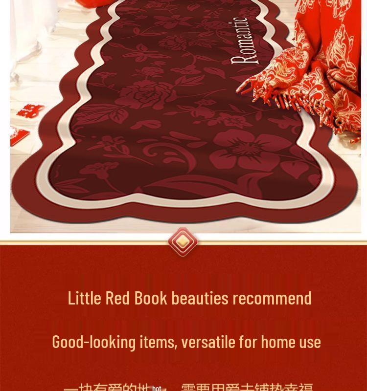 Red Wedding Room Non-Slip Bedside Rug - Double Happiness Design