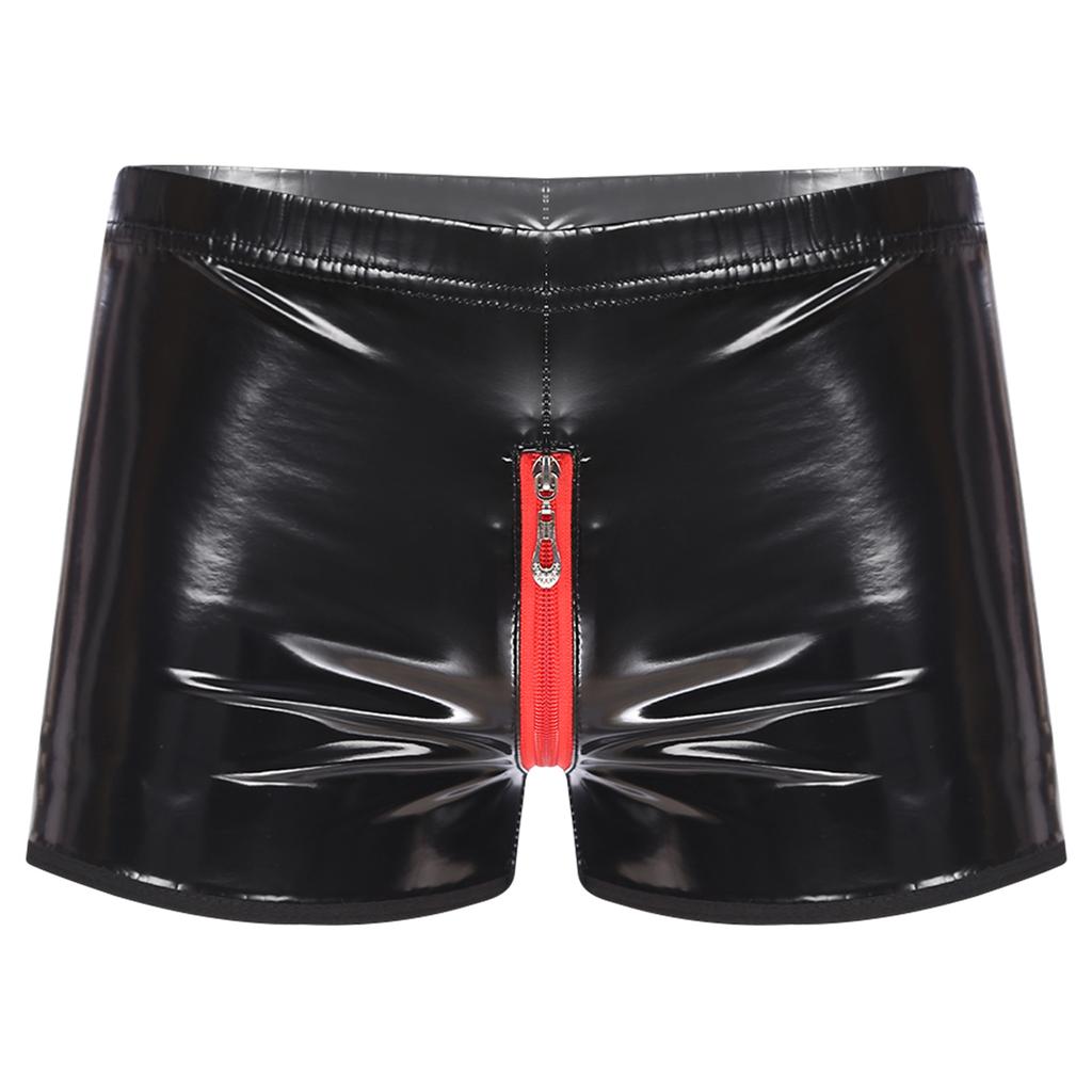 Herren Lackleder Boxershorts S-3XL: Elastischer Bund mit Reißverschluss und Knopf, zu öffnender Schritt für schicke Nachtwäsche