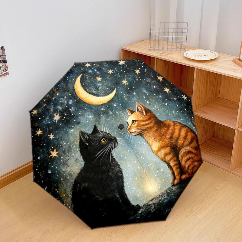 1 Stück Automatischer Faltregenschirm - Sternennacht Katzenmuster, Tragbares & Faltbares Design mit 8 Speichen, Weihnachts-Geburtstagsgeschenke