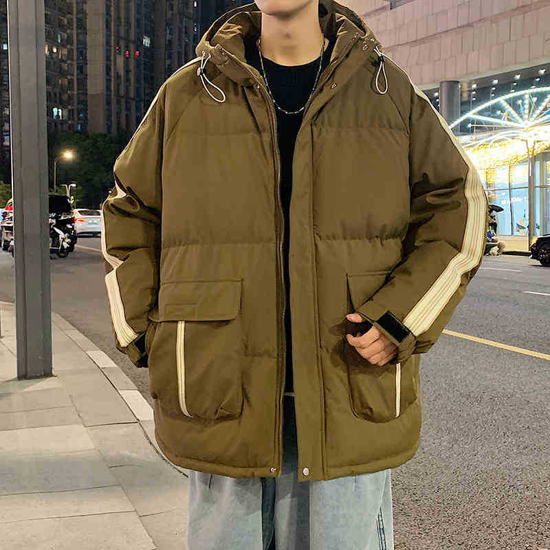 

Side Striped Down Cotton Jacket for Men In Autumn and Winter Plus Velvet Thickened Workwear Large Pocket Cotton Jacket 3XL