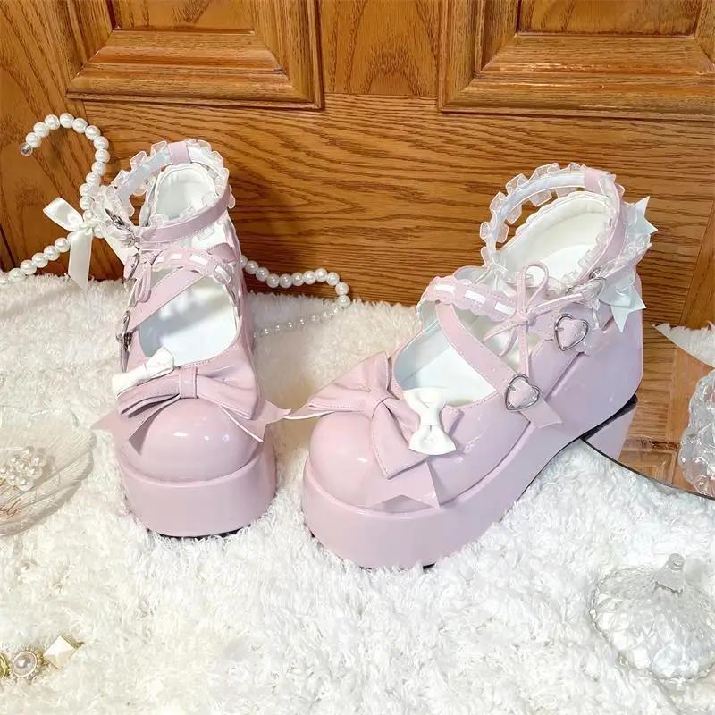 Fashion Lace Bowknot White Lolita Shoes for Women 2025 Heart Buckle Platform Mary Janes Woman Japanese Style Patent Leather Jk Shoes