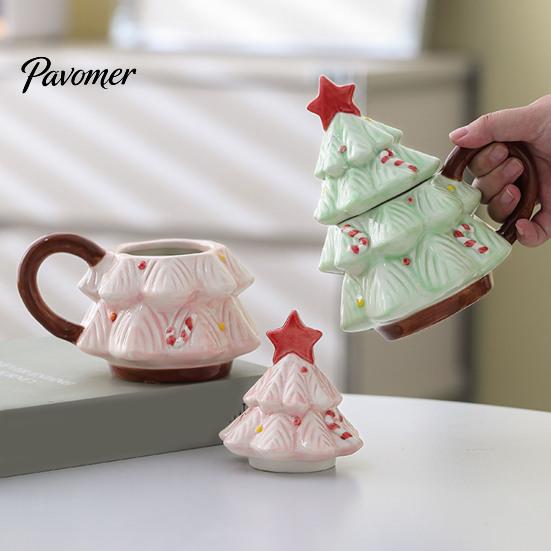 Christmas Tree Coffee Mug with Star Lid, 340ml Festive Holiday Cup for Hot Gift Girlfriend at Cocoa And Milk, Retro Curved Handle Microwave