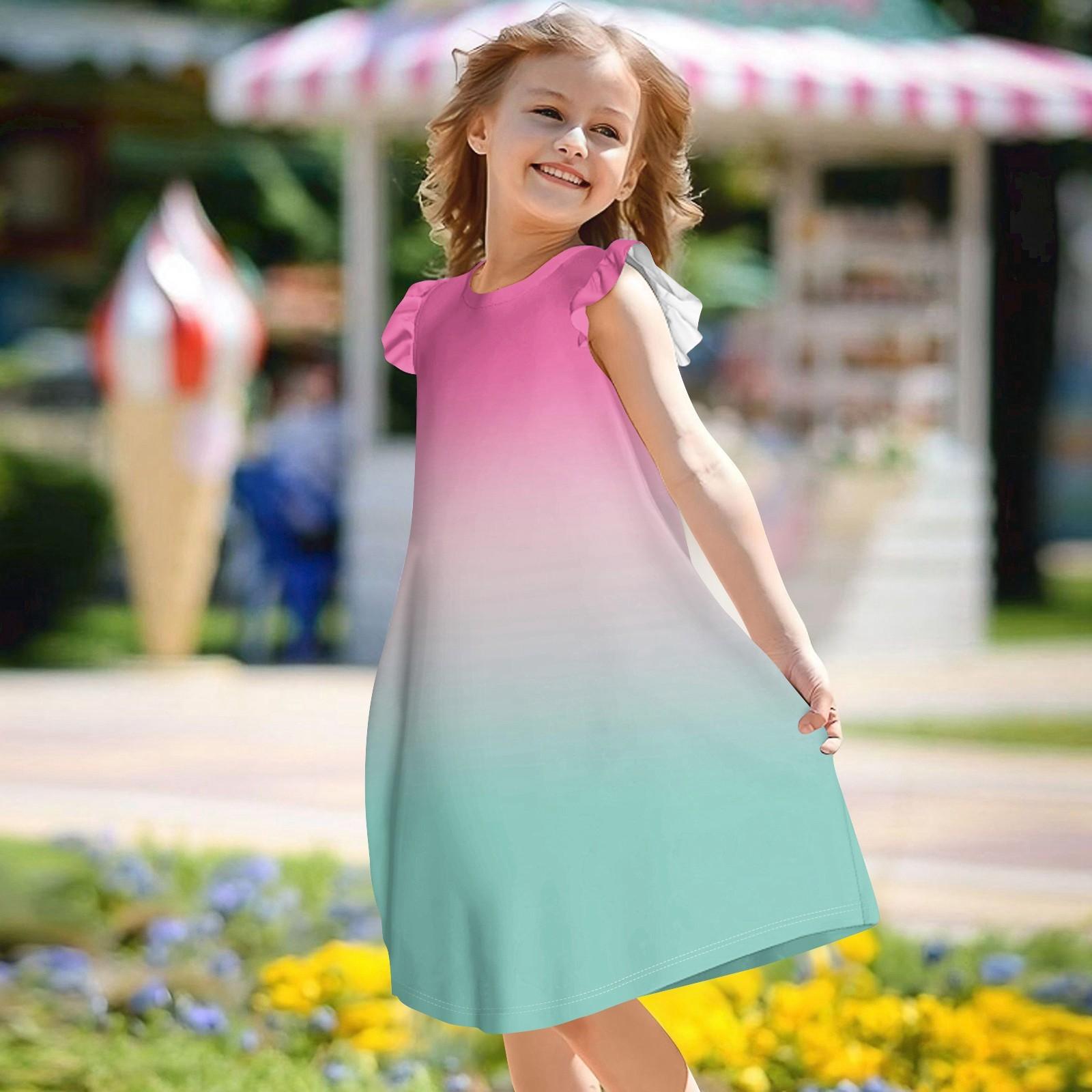 

Children s Flying Sleeve Round Neck Summer A-Line Casual Vacation Gradient Color Loose Dress 140