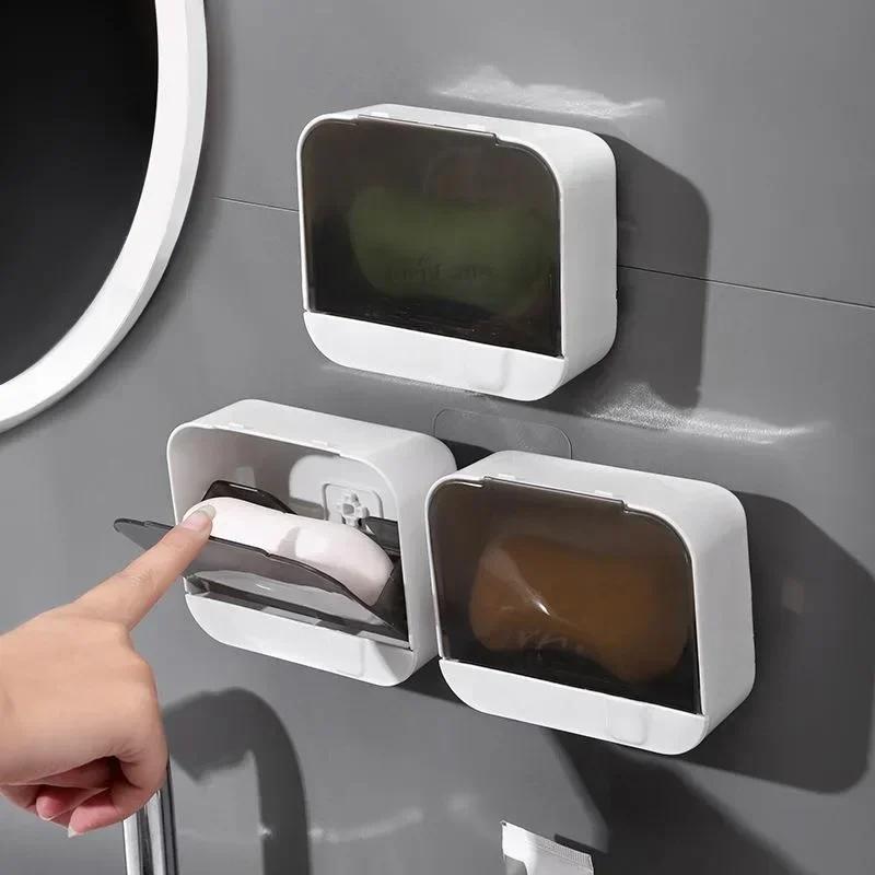 Bathroom Soap Holder Flip Lid Soap Storage Box Wall Mounted No Punch Soap Dish with Drain Storage Rack Net soap holder Soap dish