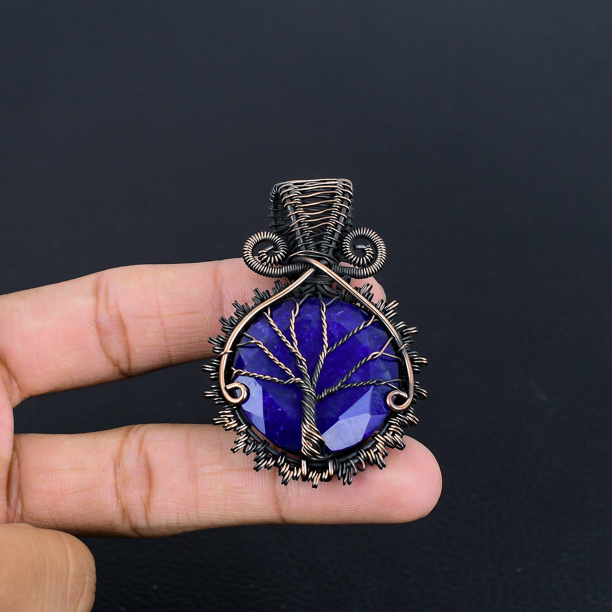 

Blue Sapphire Pendant, Handmade Gemstone Pendant, 999 Copper Wire Wrapped Pendant Antique Jewelry, For Engagement Gift 2.25 Inches