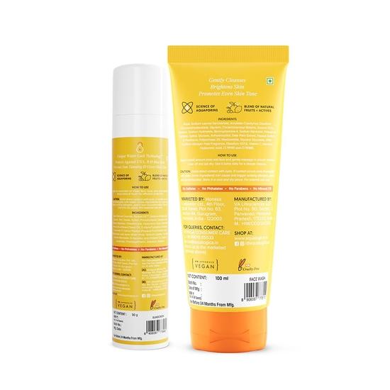 Aqualogica Glow+ Dewy Combinație pentru toate tipurile de ten (Gel de curățare a feței - 100 g + protecție solară SPF 50 - 50 g)