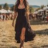 Women's Sweetheart Neck Sleeveless Maxi Dress Mid Waist Boho High Low Ruffle Dress