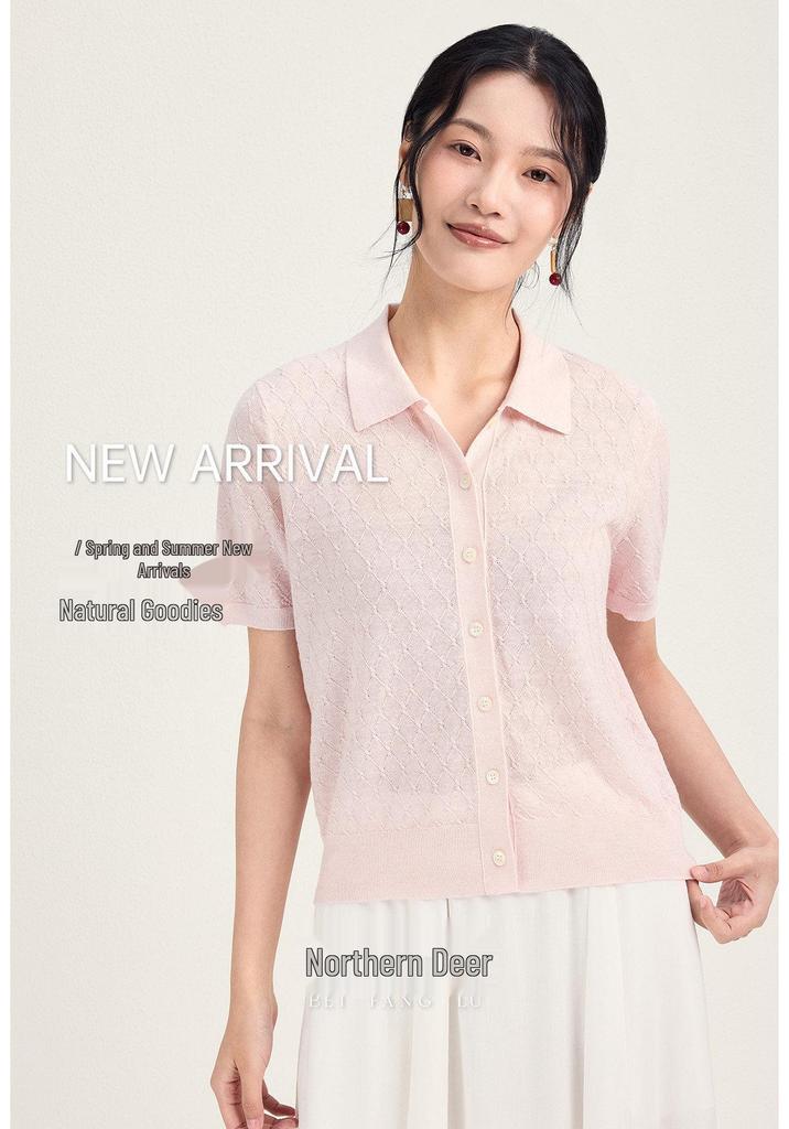 Women's Short Sleeve French POLO Collar Diamond Jacquard Knit Top - 54.7% Wool, 45.3% Linen