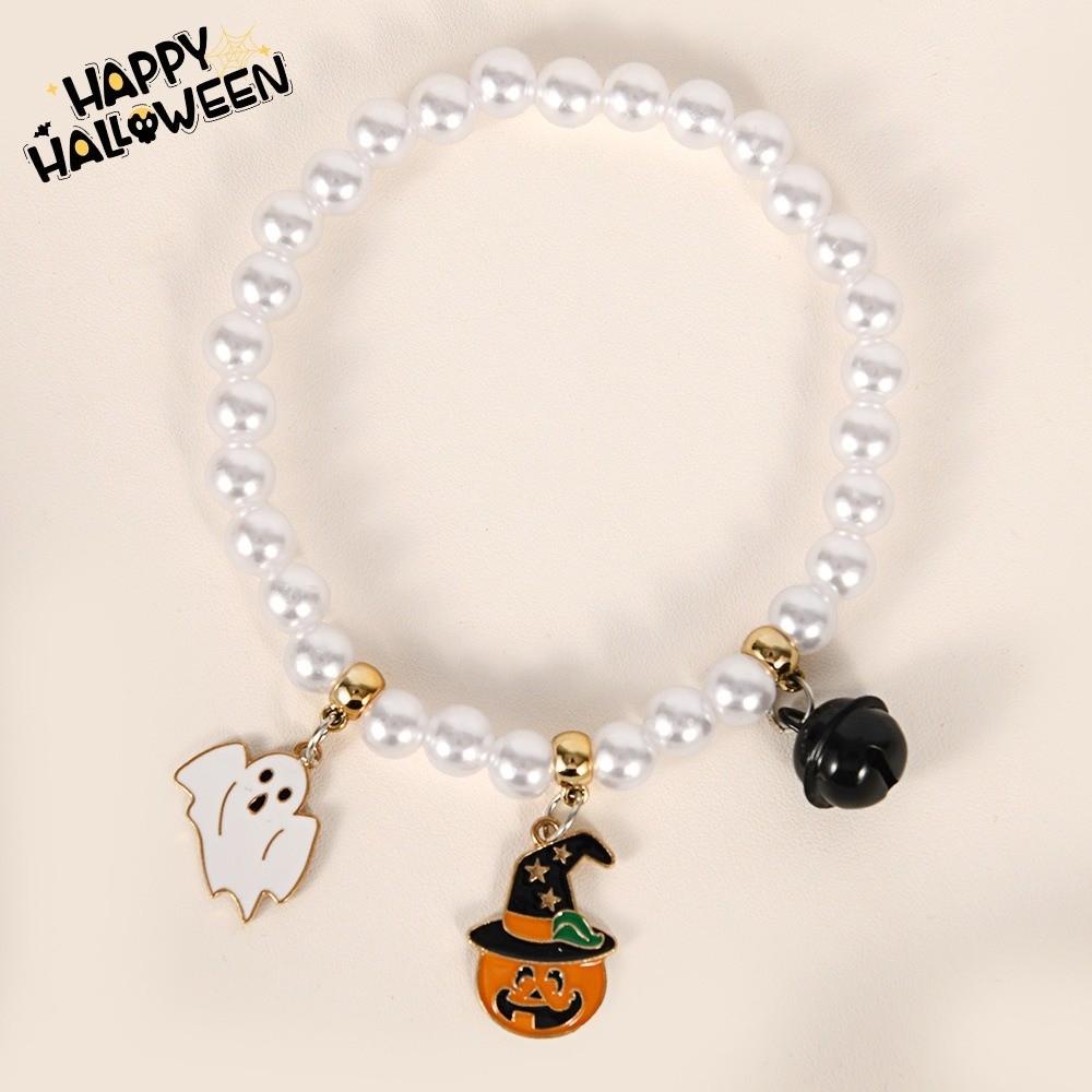 Elastic Halloween Cat Collar Ghost Pendant Kitten Collar Cute Ghost Beaded Necklace  Party Costume