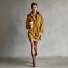 Women Suede Oversized Shirt Dress Collared Neck Casual Loose Fit Mini Dress with Contrast Details