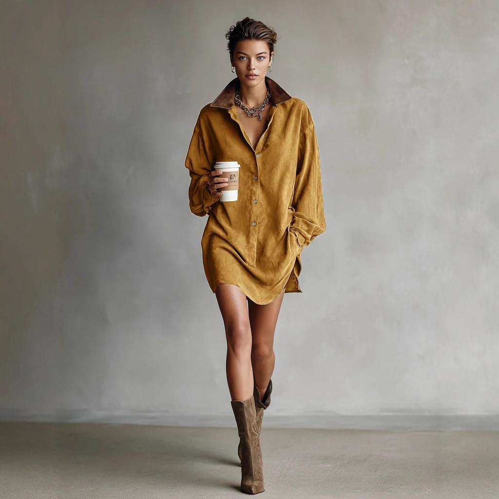 Women Suede Oversized Shirt Dress Collared Neck Casual Loose Fit Mini Dress with Contrast Details