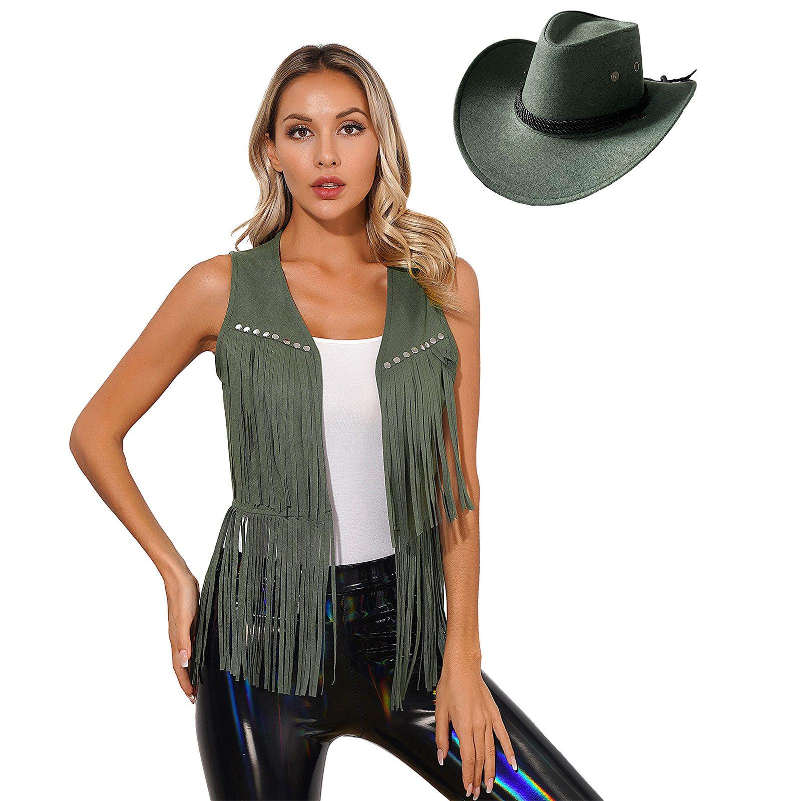 Western Cowgirl Fringe Vest Hat Bandana Set Faux Suede Adjustable Austin Suede Fringe Vest main image 4
