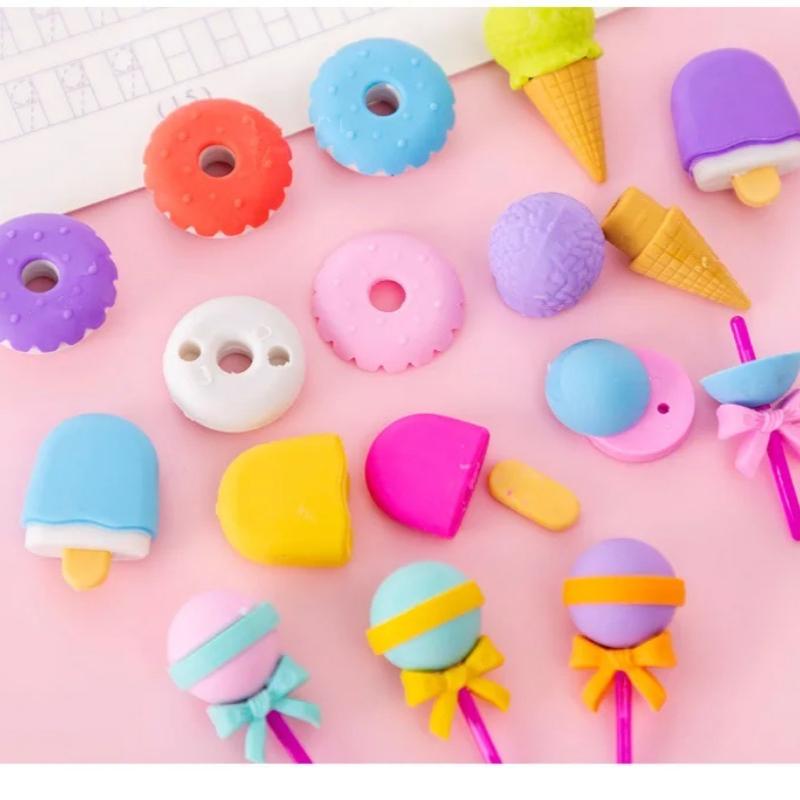 4pcs Yummy Icecream Erasers Set Mini Lollipop Dessert Popsicle Donuts Rubber Pencil Eraser for Kids Gift School Student Award
