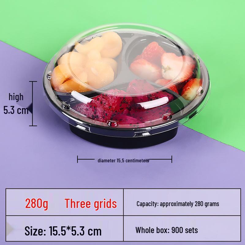 Transparente runde Einweg-Salatschale mit dreigeteilter Obstschale