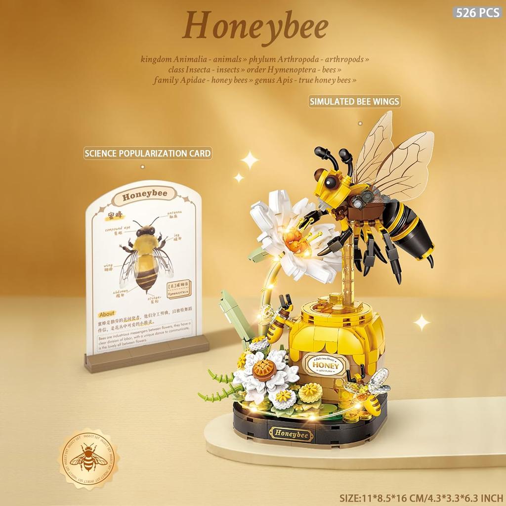 Insect Flower Building Blocks Set,Colorful Construction Building Bricks Toy with a Science Popularization Card,Creative Home Decoration (Honeybee)