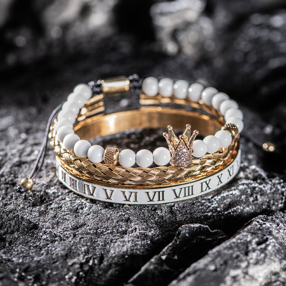 2026 White Bead Crown Bracelet Set Epoxy Roman Numeral Bracelet Set