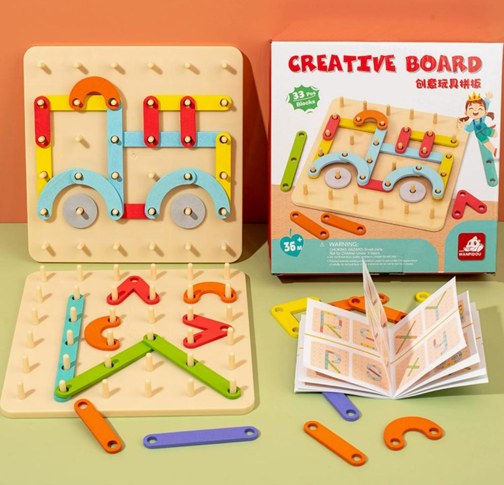 Children Wooden Toys Creative Board Nail Board Geometric Column Set Construction Puzzle Geometric Pegboard Montessori Sensory