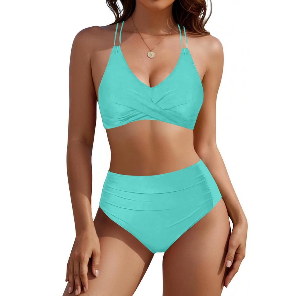 Damen Schlankmachender Zweiteiliger Badeanzug Raffung am Bauch Badedress Bademode