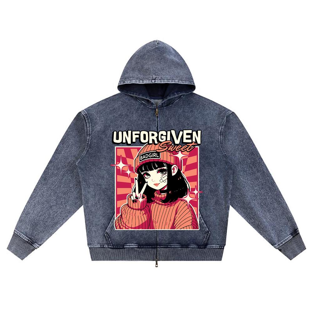 

DTG print Knitted Denim Zip-Up Hoodie Anime Graphic Brother Print Zipper Hoodies XL темно-синий