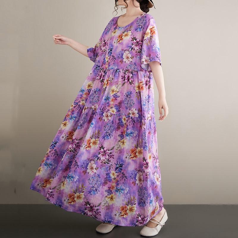Krátký rukáv Nadměrná velikost vintage květinová novinka v šatech pro ženy ležérní volné dlouhé letní šaty