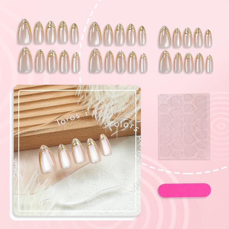 30-Piece Set: French 3D Gold Almond Press-On Nails