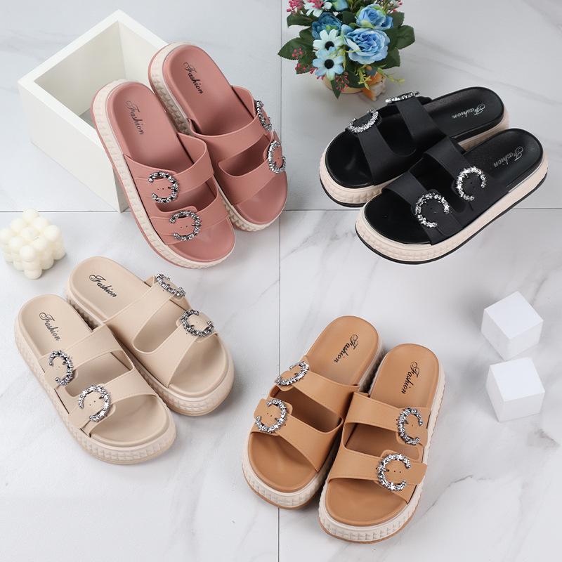 Women's Slippers Summer New Thick Bottom Round Head Hollow Rhinestone Sandals Casual Comfort Increase Wear Slippers