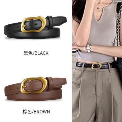 Womens Genuine Leather Belt With Alloy Pin Buckle Slim Waistband Dresses Casual Chic Accessory In Black Brown Gray