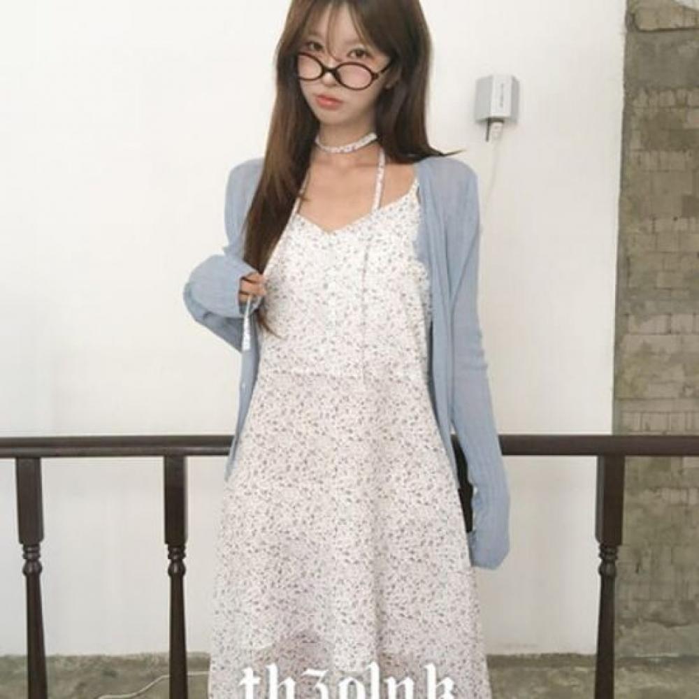 The Pink Sleeveless Sheer Flower Long Dress + Tie Set
