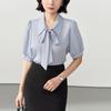 Women's White Short Sleeve Chiffon Bow Blouse - Professional Formal Top for Interview Suit