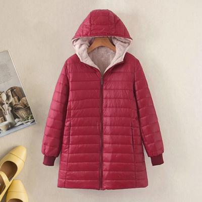 Yousheng Winter Down Coat Thickened Padded Plush Hood Mid Length Full Zipper Windproof Long Sleeves Pockets Warm Daily Wear Outwear Cotton Jacket