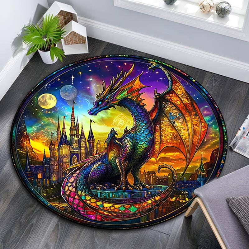 Fantasy Dragon Castle Round Area Rug,Carpet Rug for Living Room Bedroom Sofa Playroom Decor,Non-slip Floor Mat