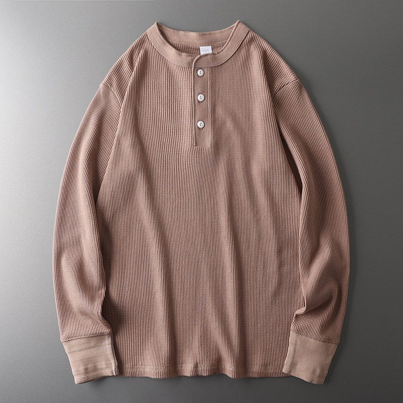 American Style Retro Heavy-Weight Waffle Pattern Long Sleeves Henley Shirt