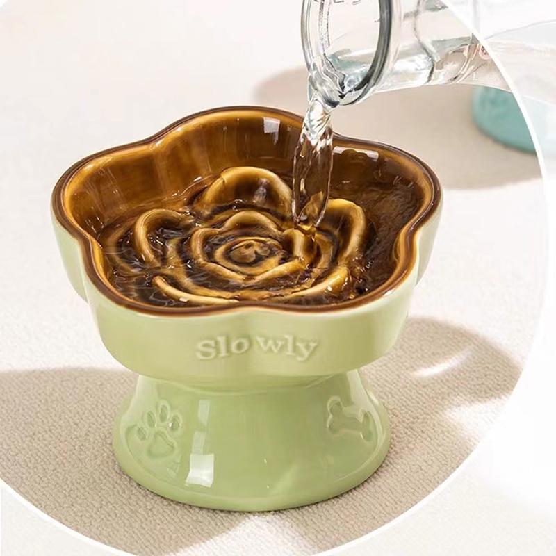 Creative Ceramic Drinking Water Food Tall footed Pet Bowls Anti Overturning Neck Protection Slow Food Anti Choking Cat Bowl, 1Pc