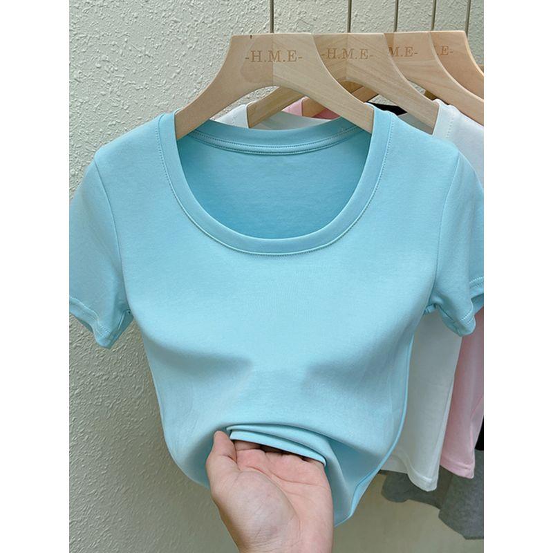 Real Shot Pure Color round Neck Cotton Short Sleeve T-shirt Summer New Arrival Women's Low Collar Pure Color Short Tops Plaid Inner Wear