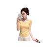 Gentle wind v-neck medium-sleeved t-shirt women's spring new yellow slim-fitting waist and thin temperament bottoming shirt top