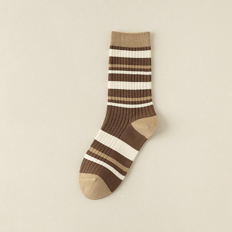 Maillard Women's Striped Mid-Calf Cotton Socks - Trendy Autumn/Winter Pile In Coffee Color