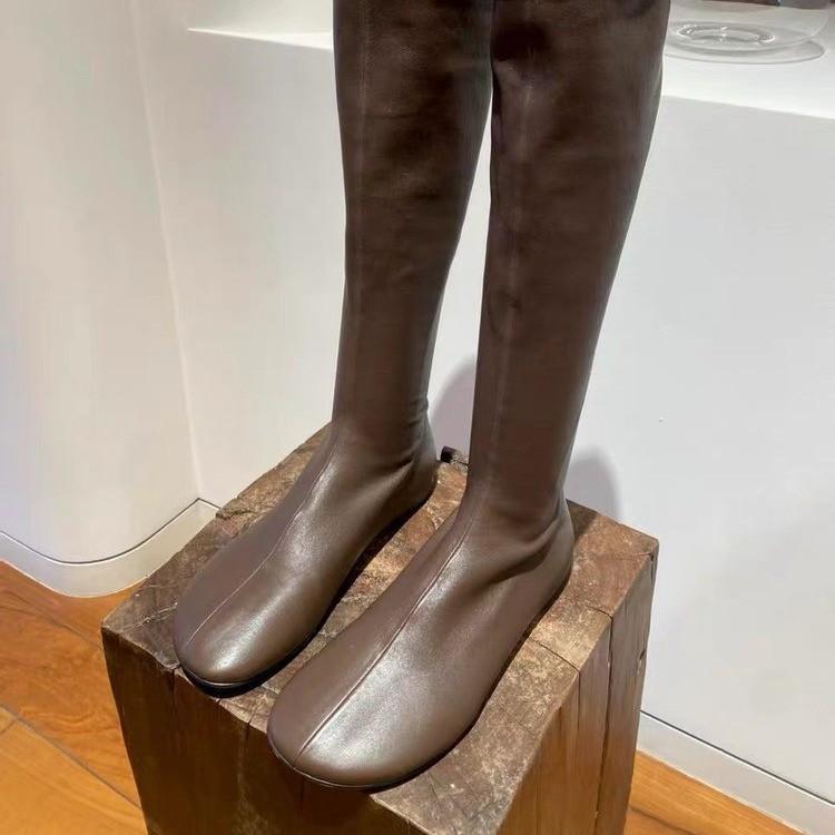 Skinny boots, socks and boots Korean version of the new niche design retro round head, long legs, thin elastic leather boots, knight boots