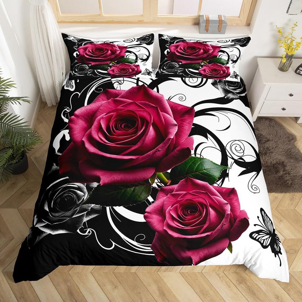 Roslakan Set Romantiskt Rosblommigt Sängkläder Set Mikrofiber Botaniska Blommor Täcktäck för Kvinnor Flickors Sovrumsinredning