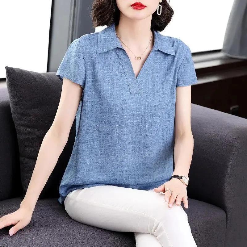 Bomull Linne Skjorta Dam Sommaroutfit Tunn Lös Blus Vintage Överdimensionerad Smalande Vardaglig Linne Topp