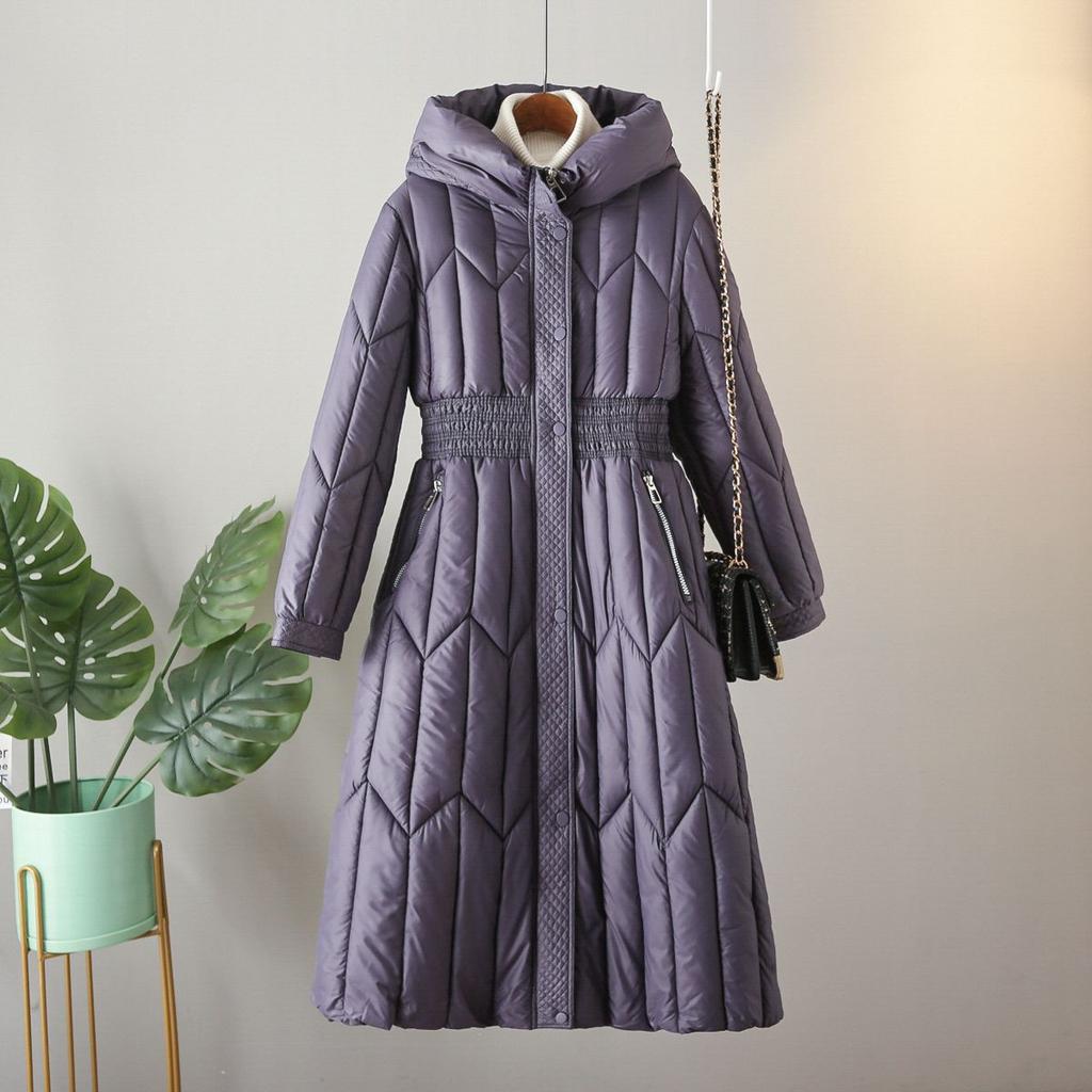 Vintermote Ensfarget Lang Kåpe Dame Casual Løs Tykk Varm Stor Størrelse Bomullsfôret Jakke