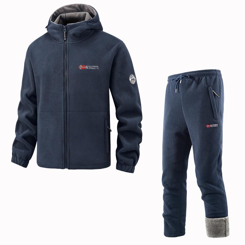 Zimná súprava športového oblečenia Pánska retro tréningová hrubá flísová bunda + nohavice Dvojdielna súprava Ležérna lyžiarska bežecká tepláková súprava