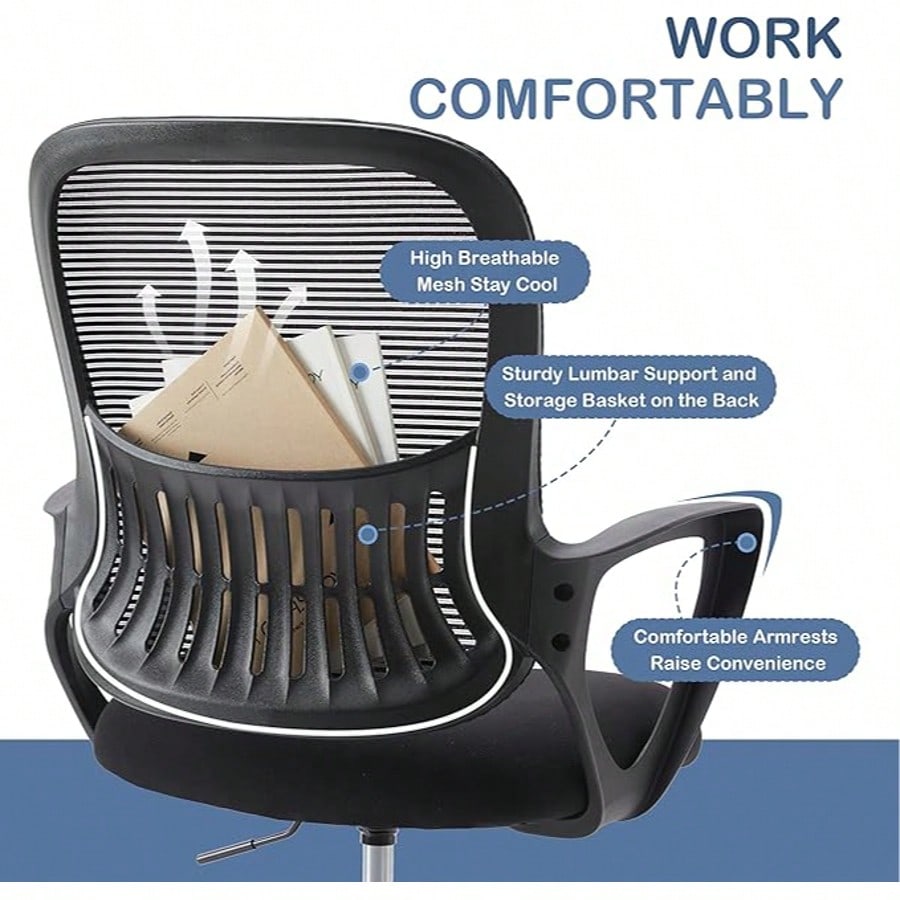 Comfortable Ergonomic Office Chair, Mesh Desk Chair with Armrests & Lumbar Support, Swivel Task Chair for Home Office & Study