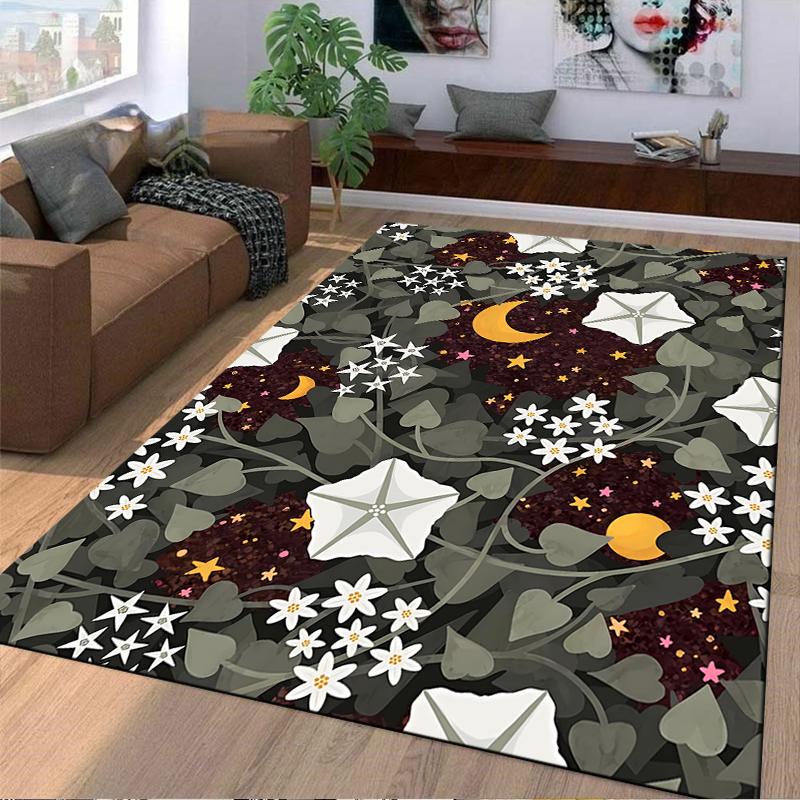 Floral and Moon Pattern Carpet, Dark Green Background, Cozy Design Suitable for Use As an Anti-slip for Living Room Bedroom Sofas