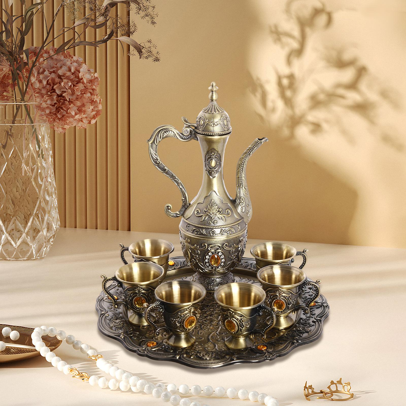 

Bronze Tea Set, 1 Pot & 6 Cups with Tray, Retro Style Copper Tea Service for Home & Kitchen, Classic Coffee Pot and Teacup Set