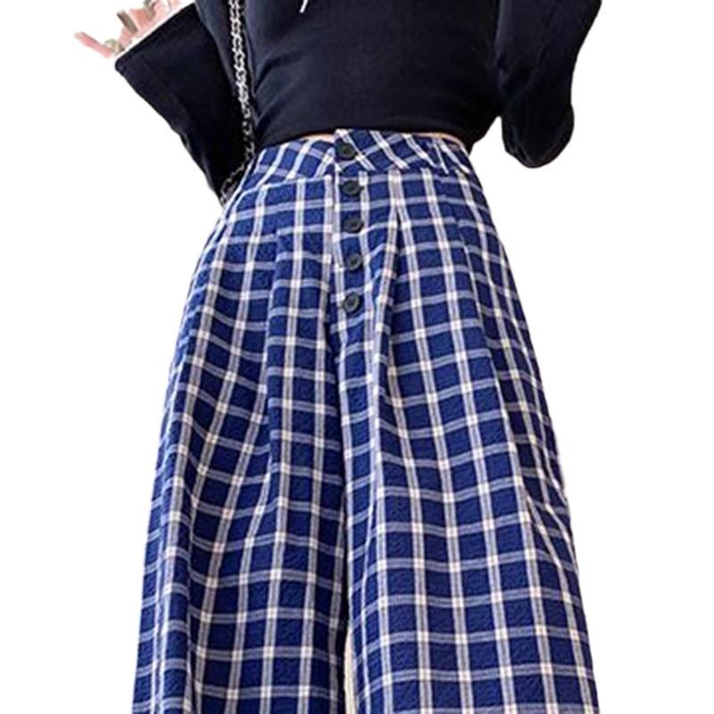Zhao Lusi Style Women's Blue Plaid Wide-Leg Pants - 145 Petite, Early Autumn, Elegant Casual Straight-Leg