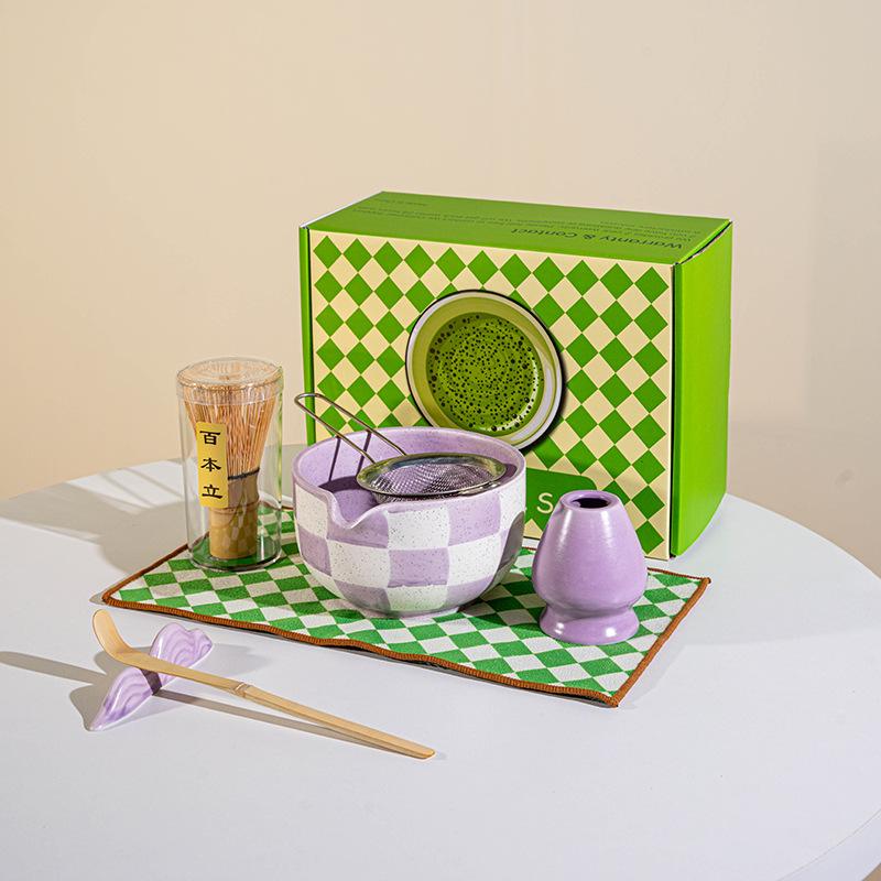 7pcs Ceramic Matcha Tea Set 8-piece Japanese-style lattice Matcha bowl with tea whisk Matcha utensil set