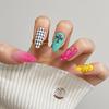 Dopamine Color Block 3D Stereo Glue Drop False Nails with Star Grid and Flower Art Stickers