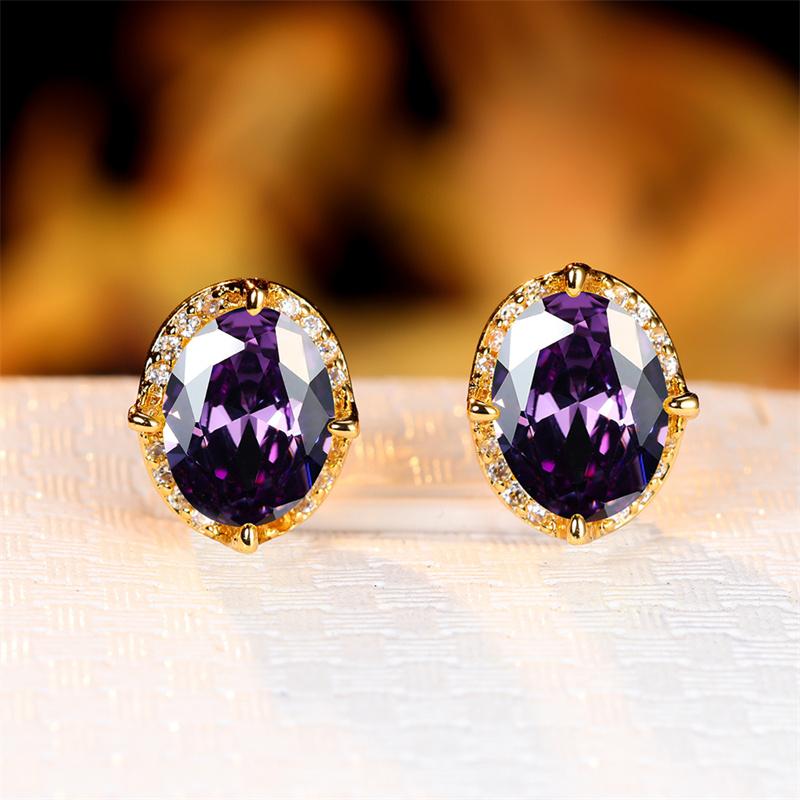Crystal Female Red Oval Zircon Stud Earring Luxury Small Stone Earrings Charm Yellow Gold Color Wedding Jewelry For Women