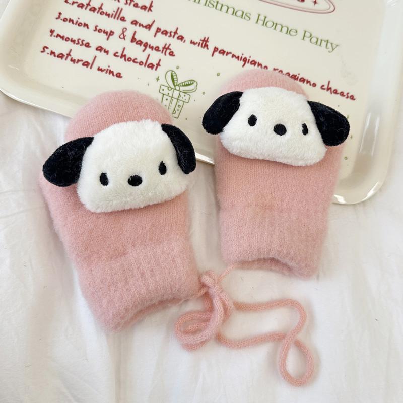 New Children's Gloves Cute Cartoon Doll Knitted Mittens Winter Warm Plus Velvet Thickened Hanging Neck Gloves