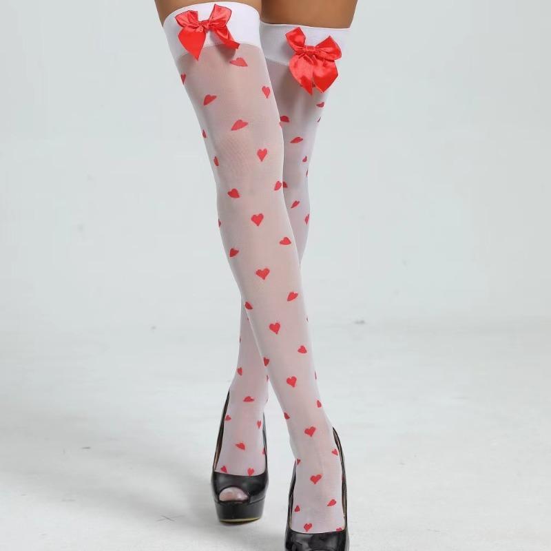Women Sexy Cute Love Heart Pattern Stockings Nylon High Stockings With Bow Decoration Valentine Day Gift Christmas Wear